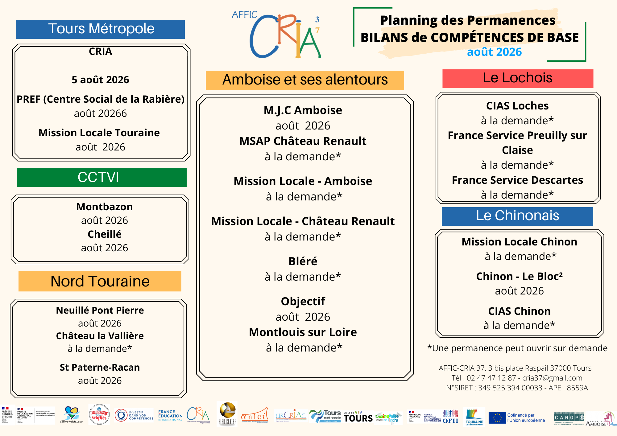 Planning BCB du mois d'août 2026